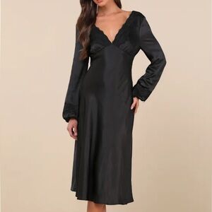 Lulus Illustrious Elegance Black Satin Long Sleeve Mid Dress soldout@Lulu’s